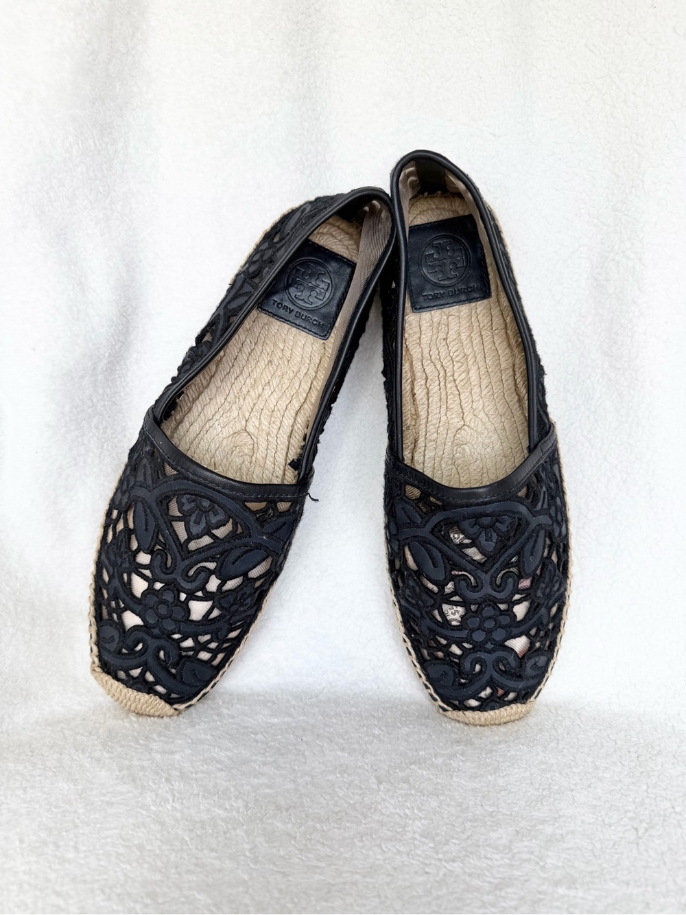 Tory Burch Black Cotton Lace and Leather Jackie Espadrilles 10.5